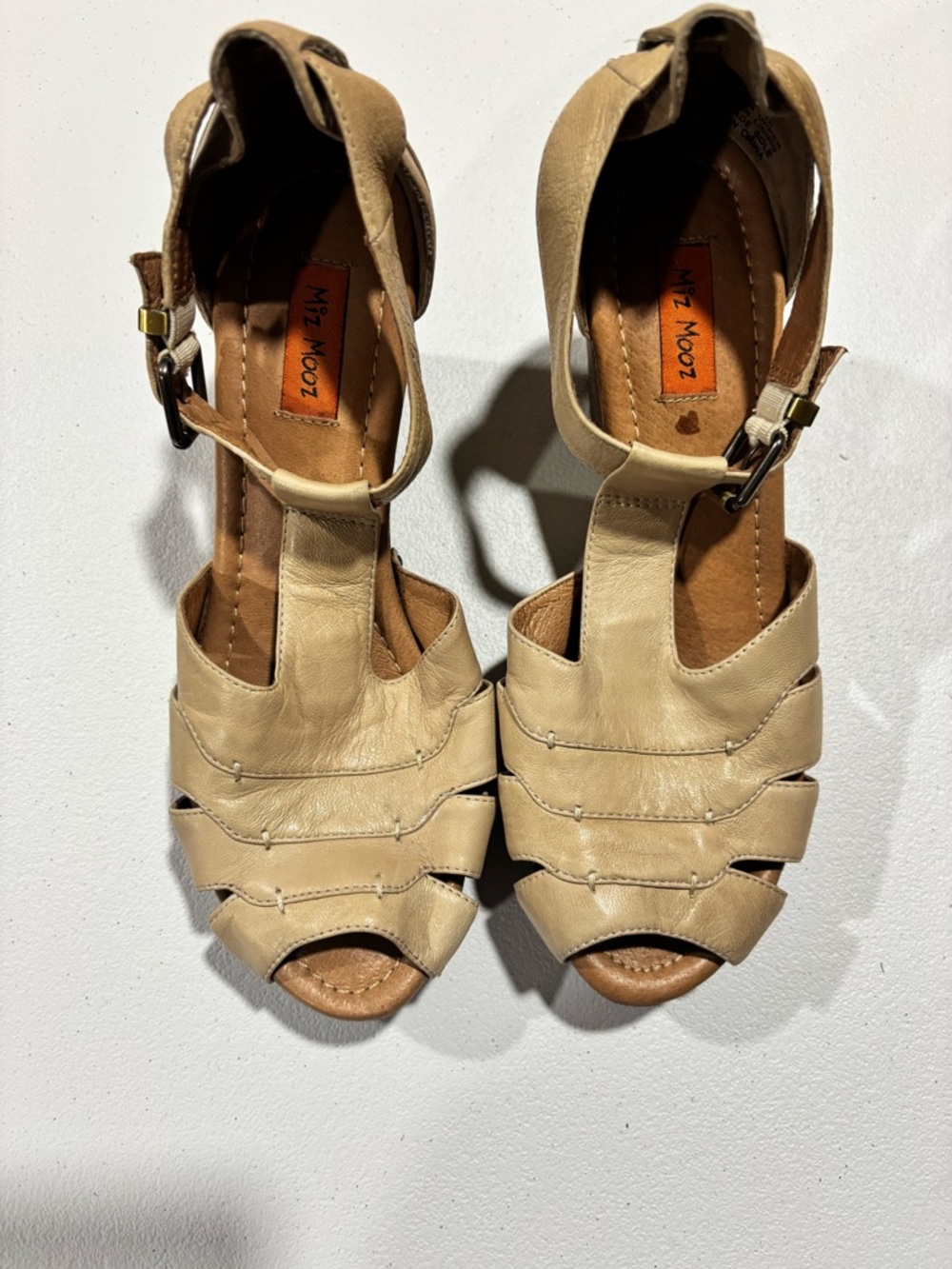 Miz Mooz Neutral Tan Peep-Toe T-Strap Heels